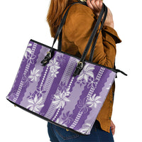 Hawaii Kakau Tribal Leather Tote Bag With Purple Tiare