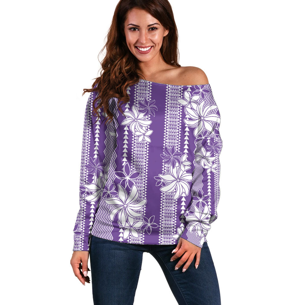 Hawaii Kakau Tribal Off Shoulder Sweater With Purple Tiare