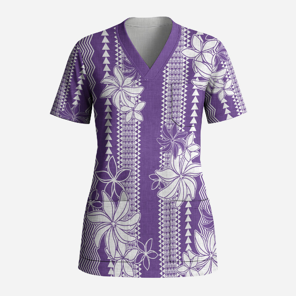 Hawaii Kakau Tribal Scrub Top With Purple Tiare