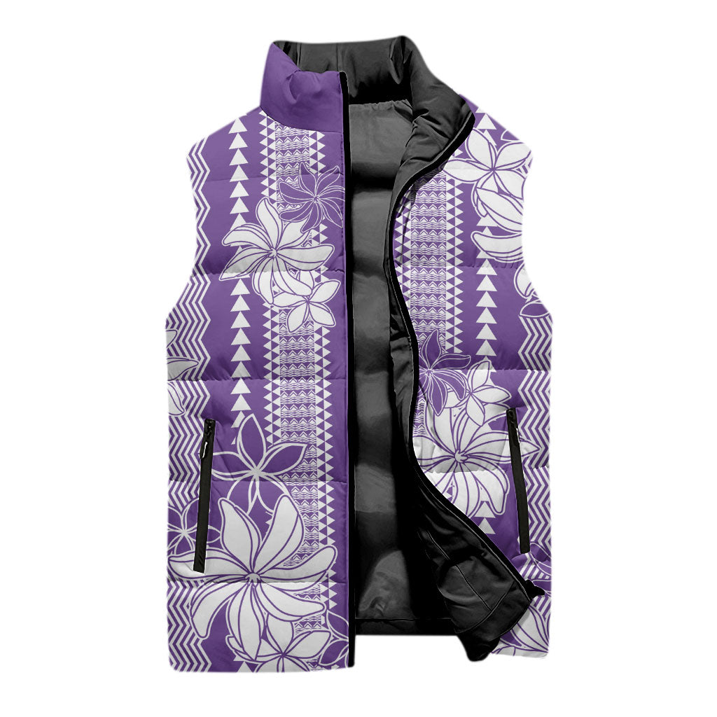 Hawaii Kakau Tribal Sleeveless Puffer Jacket With Purple Tiare