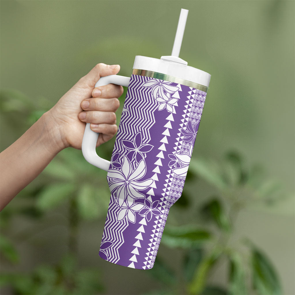 Hawaii Kakau Tribal Tumbler With Handle With Purple Tiare
