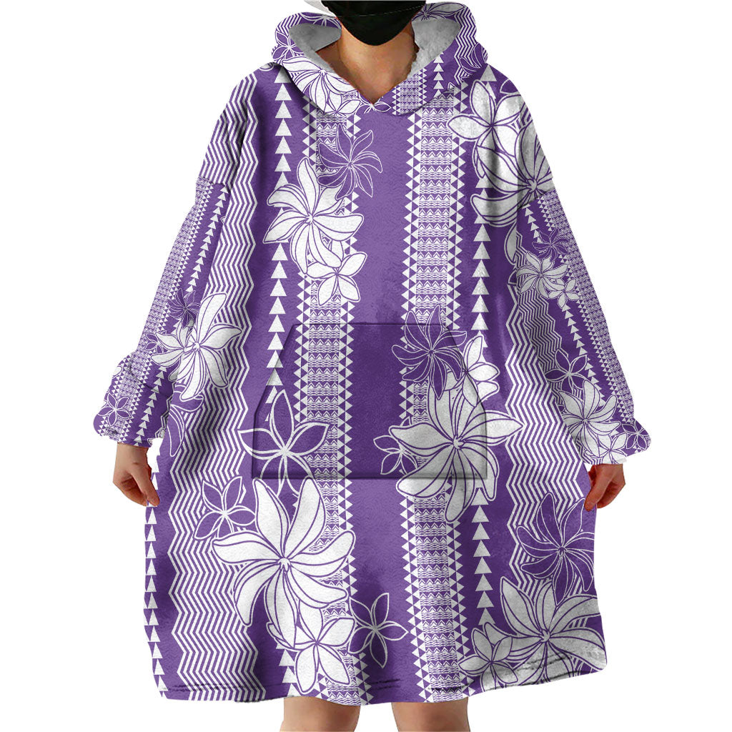 Hawaii Kakau Tribal Wearable Blanket Hoodie With Purple Tiare