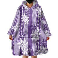 Hawaii Kakau Tribal Wearable Blanket Hoodie With Purple Tiare