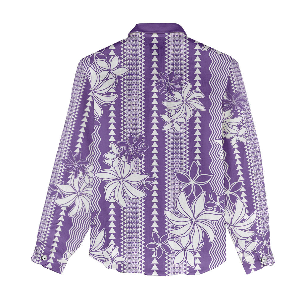 Hawaii Kakau Tribal Women Casual Shirt With Purple Tiare