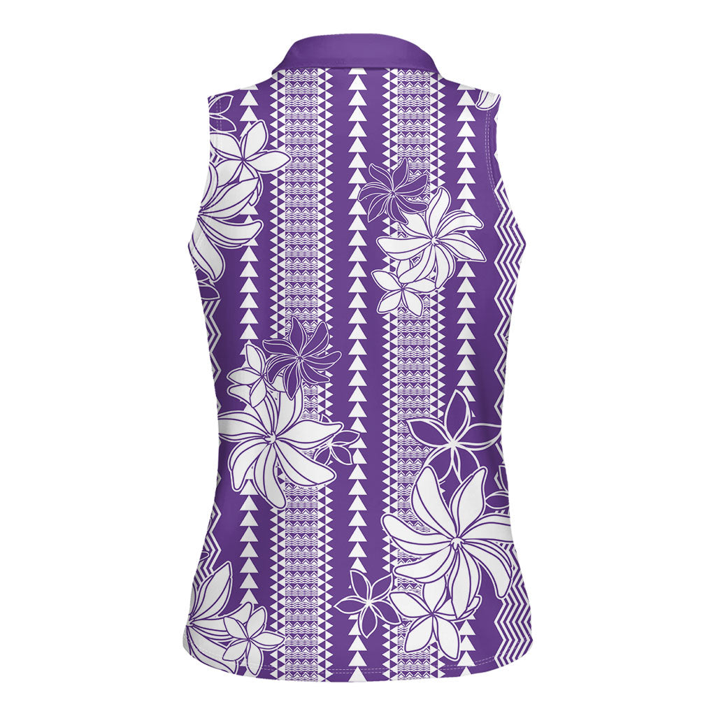 Hawaii Kakau Tribal Women Sleeveless Polo Shirt With Purple Tiare