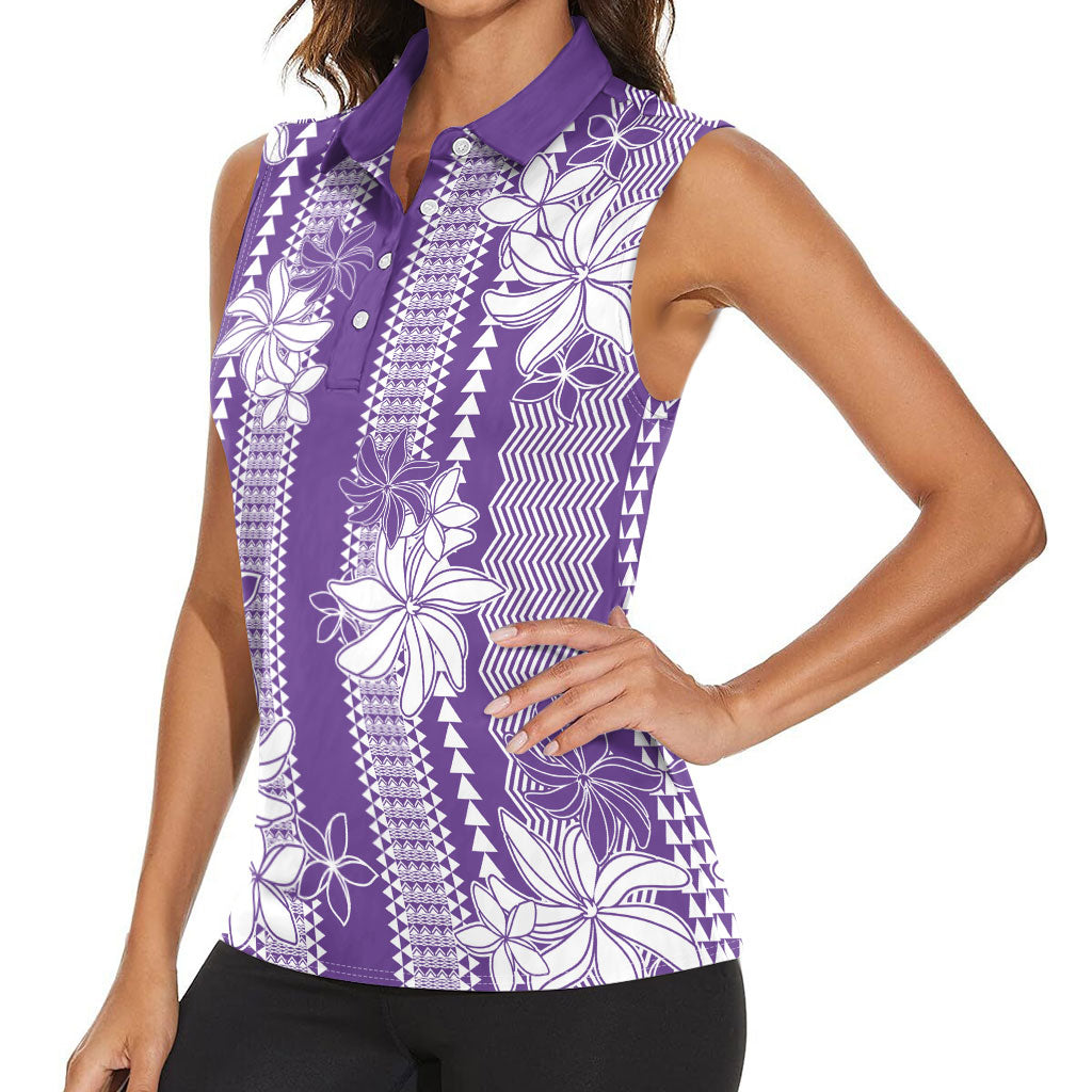 Hawaii Kakau Tribal Women Sleeveless Polo Shirt With Purple Tiare