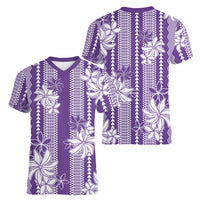 Hawaii Kakau Tribal Women V-Neck T-Shirt With Purple Tiare