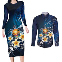 Hawaii Honu Couples Matching Long Sleeve Bodycon Dress and Long Sleeve Button Shirt Polynesian Curves Plumeria - Polynesian Pride