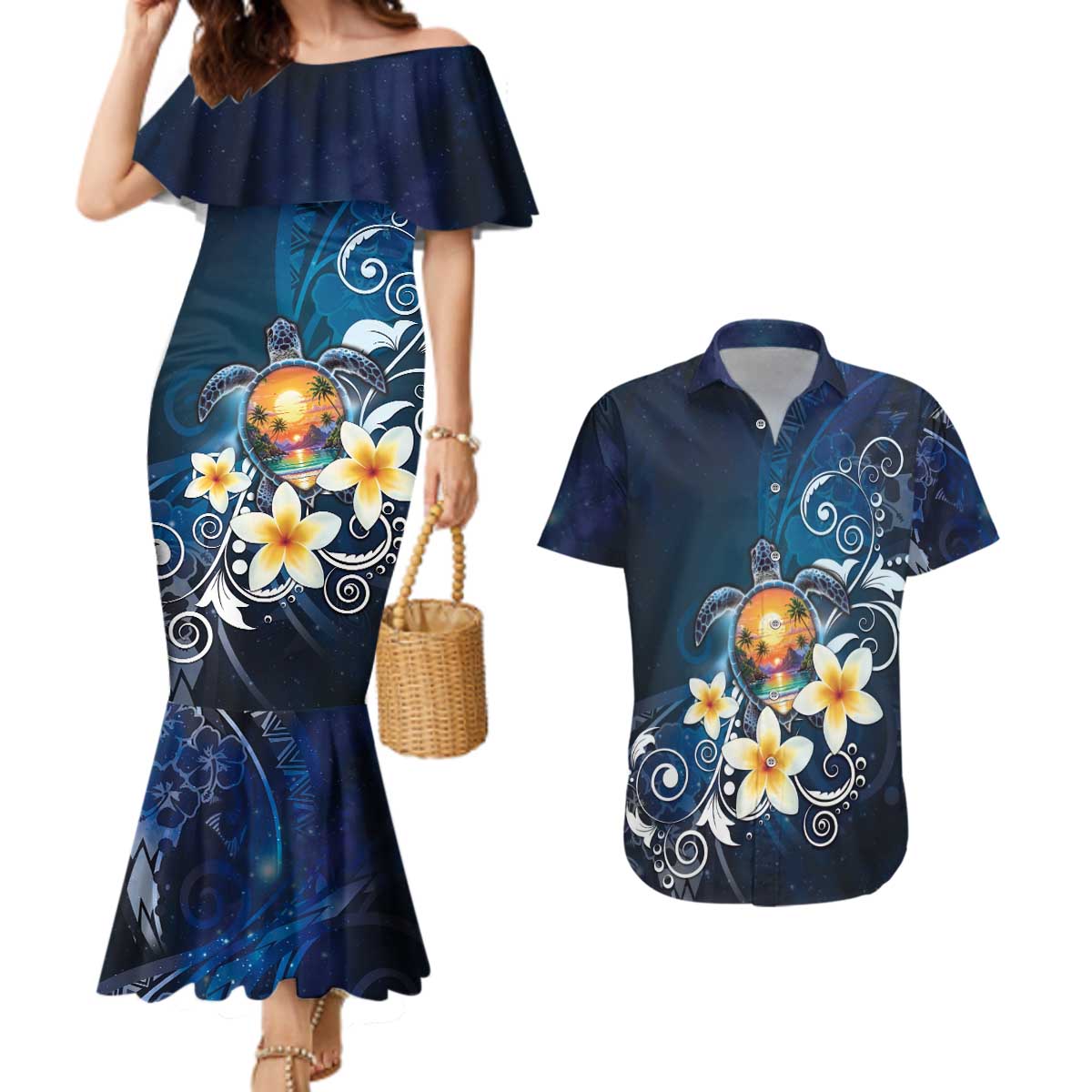 Hawaii Honu Couples Matching Mermaid Dress and Hawaiian Shirt Polynesian Curves Plumeria - Polynesian Pride