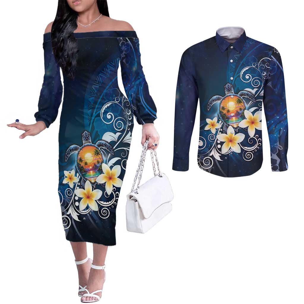 Hawaii Honu Couples Matching Off The Shoulder Long Sleeve Dress and Long Sleeve Button Shirt Polynesian Curves Plumeria - Polynesian Pride