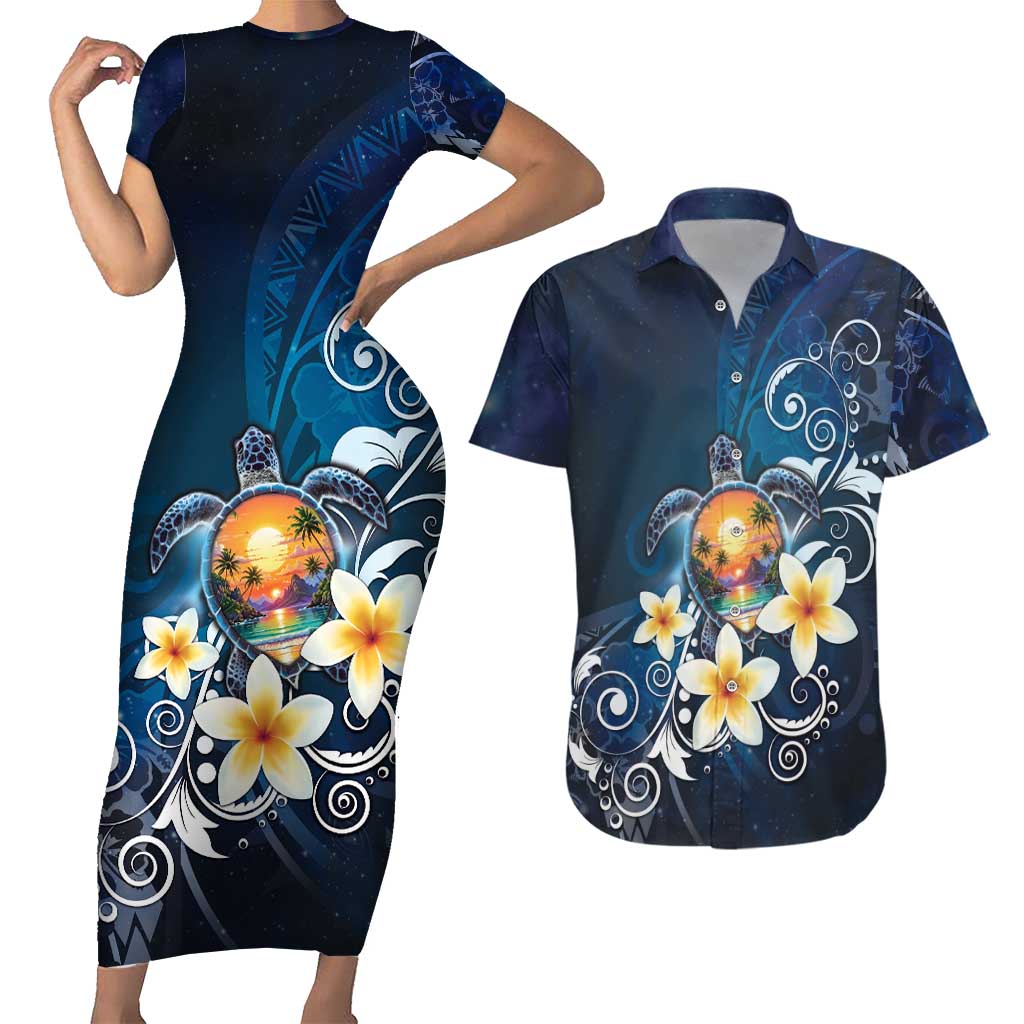 Hawaii Honu Couples Matching Short Sleeve Bodycon Dress and Hawaiian Shirt Polynesian Curves Plumeria - Polynesian Pride