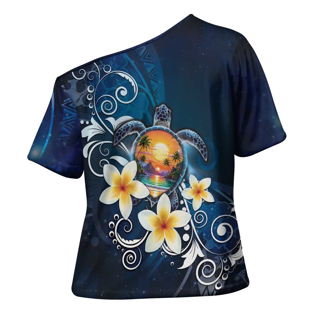 Hawaii Honu Cross Shoulder Shirt Polynesian Curves Plumeria - Polynesian Pride