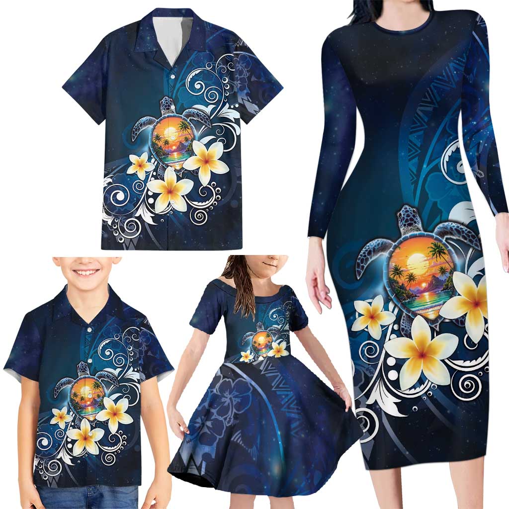 Hawaii Honu Family Matching Long Sleeve Bodycon Dress and Hawaiian Shirt Polynesian Curves Plumeria - Polynesian Pride