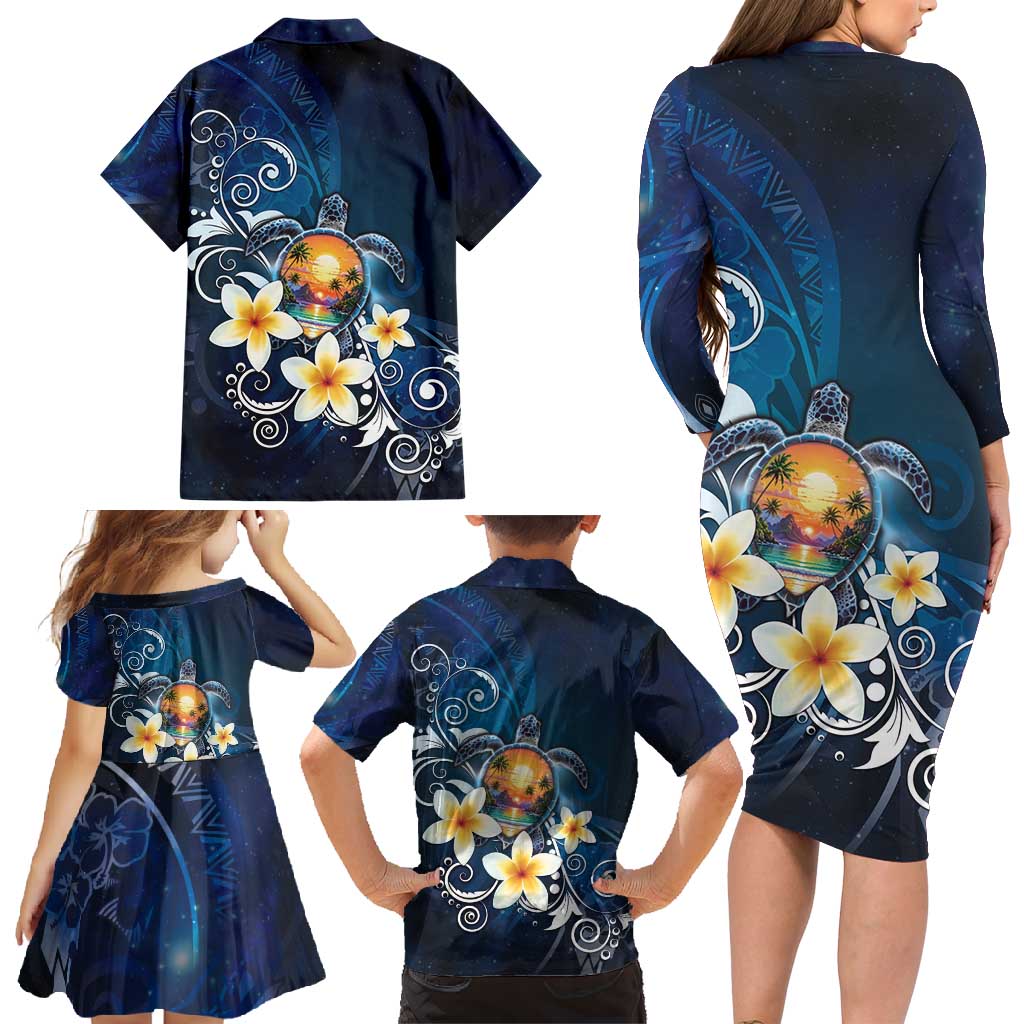 Hawaii Honu Family Matching Long Sleeve Bodycon Dress and Hawaiian Shirt Polynesian Curves Plumeria - Polynesian Pride