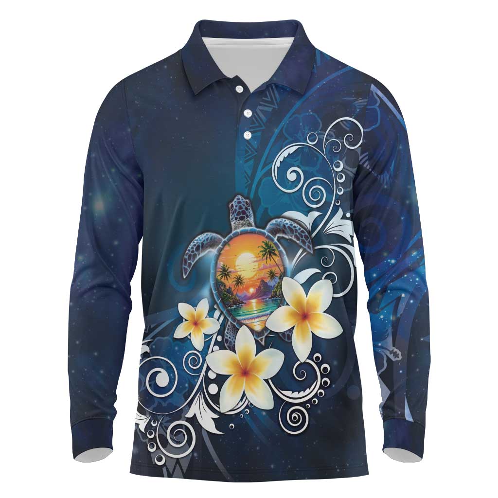 Hawaii Honu Long Sleeve Polo Shirt Polynesian Curves Plumeria - Polynesian Pride