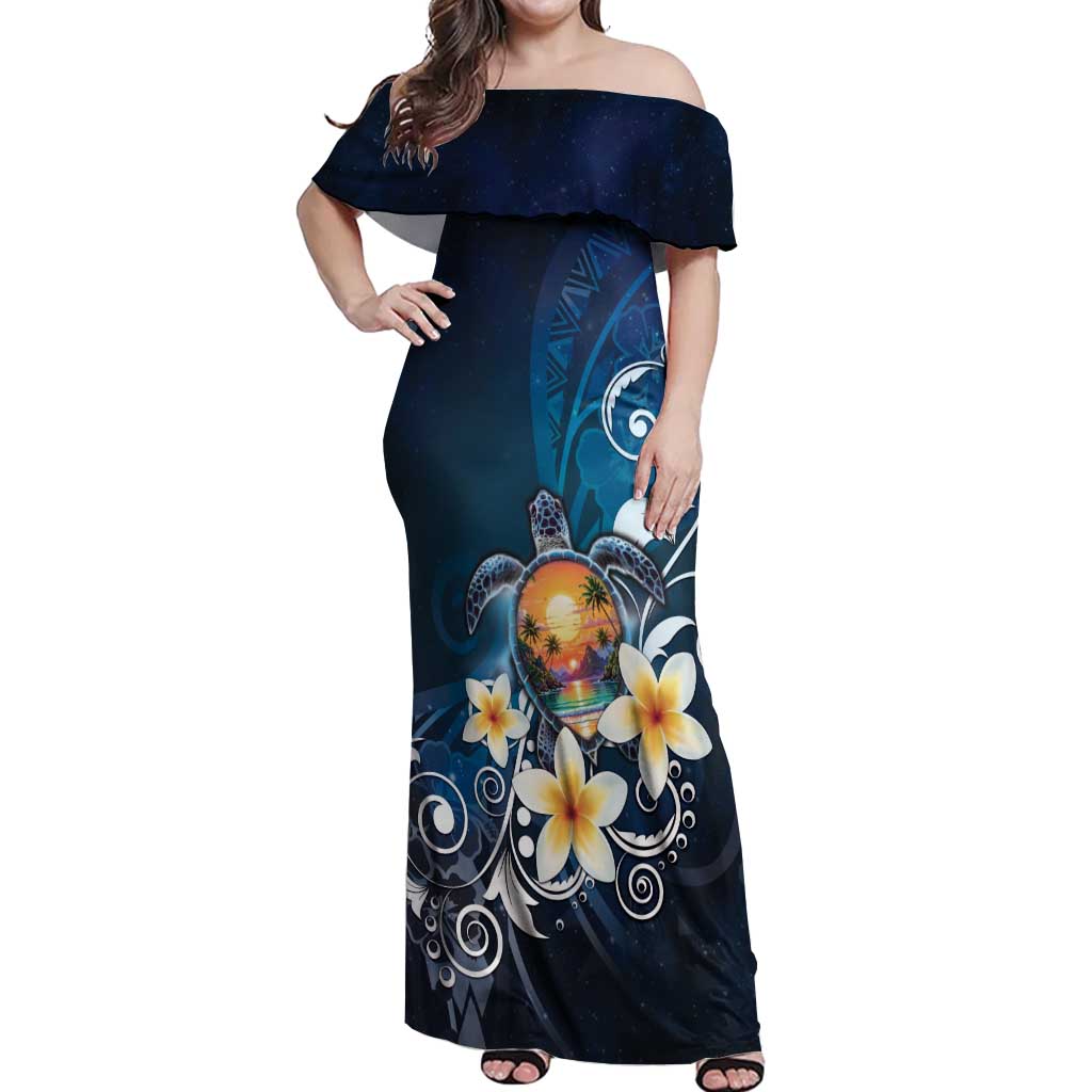 Hawaii Honu Off Shoulder Maxi Dress Polynesian Curves Plumeria - Polynesian Pride