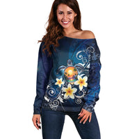Hawaii Honu Off Shoulder Sweater Polynesian Curves Plumeria - Polynesian Pride