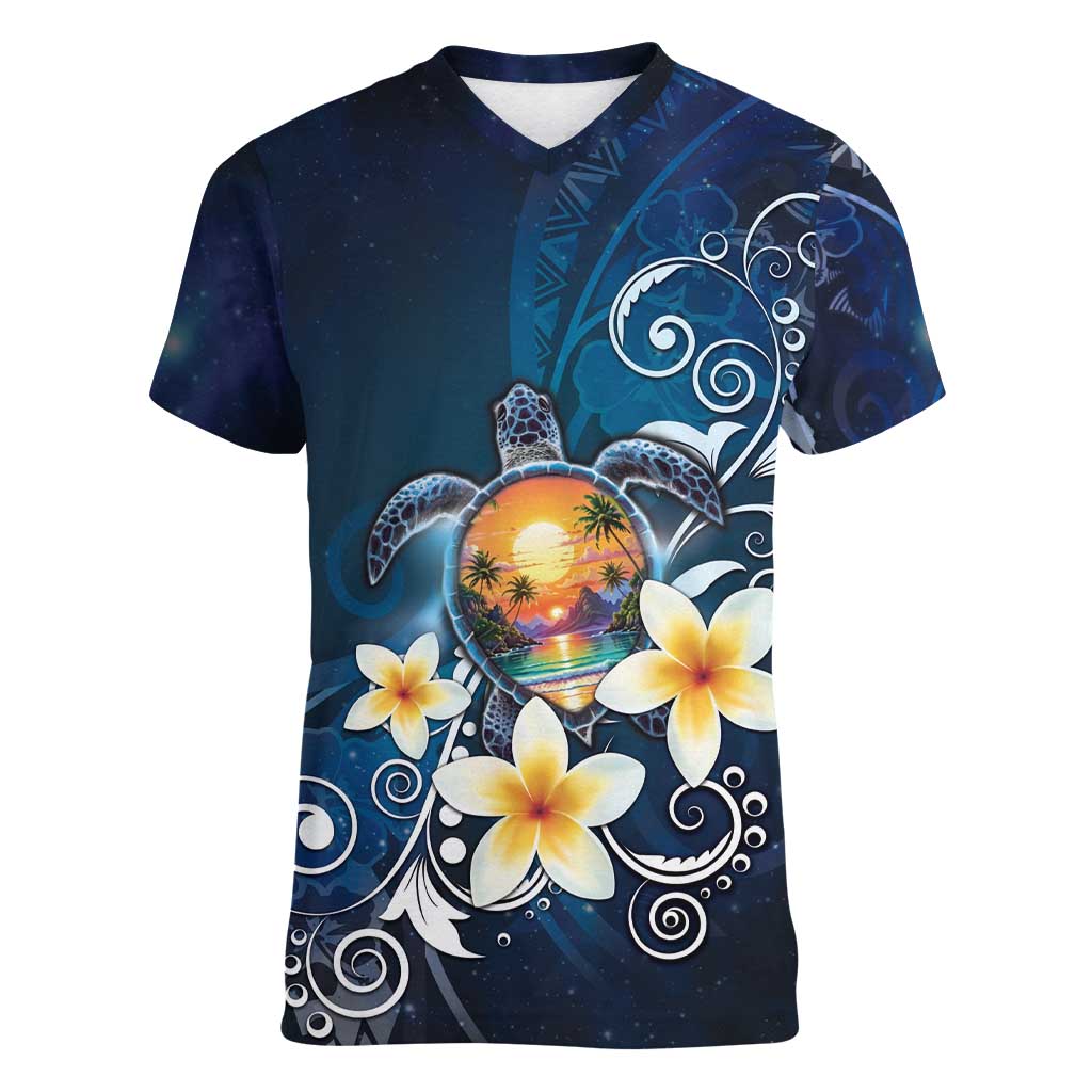 Hawaii Honu Women V-Neck T-Shirt Polynesian Curves Plumeria - Polynesian Pride