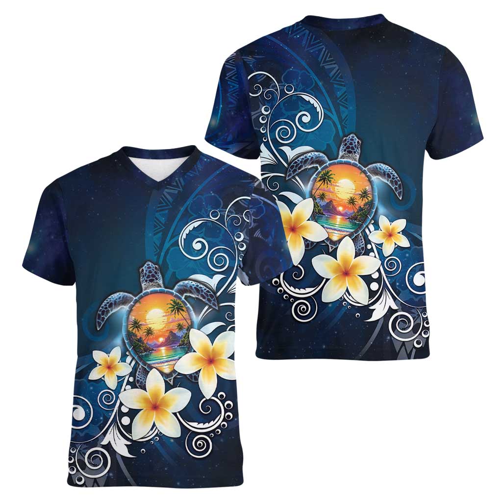 Hawaii Honu Women V-Neck T-Shirt Polynesian Curves Plumeria - Polynesian Pride