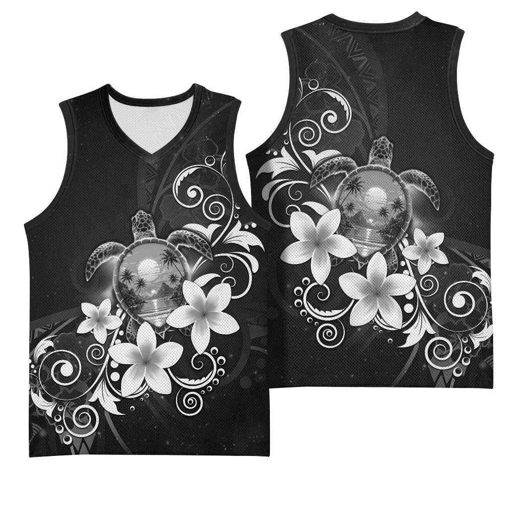 Hawaii Honu Basketball Jersey Polynesian Curves Plumeria Grayscale - Polynesian Pride