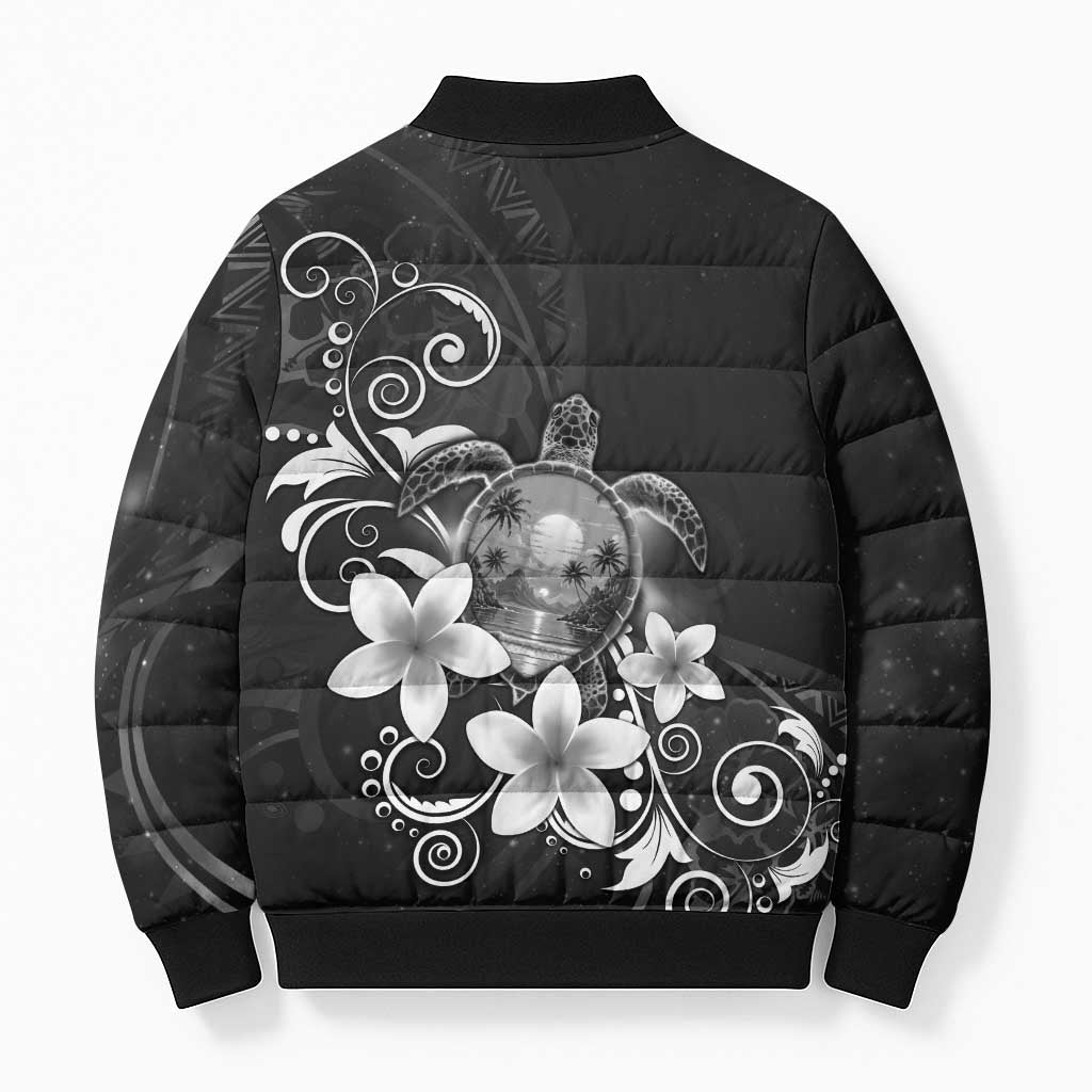 Hawaii Honu Bomber Puffer Jacket Polynesian Curves Plumeria Grayscale - Polynesian Pride