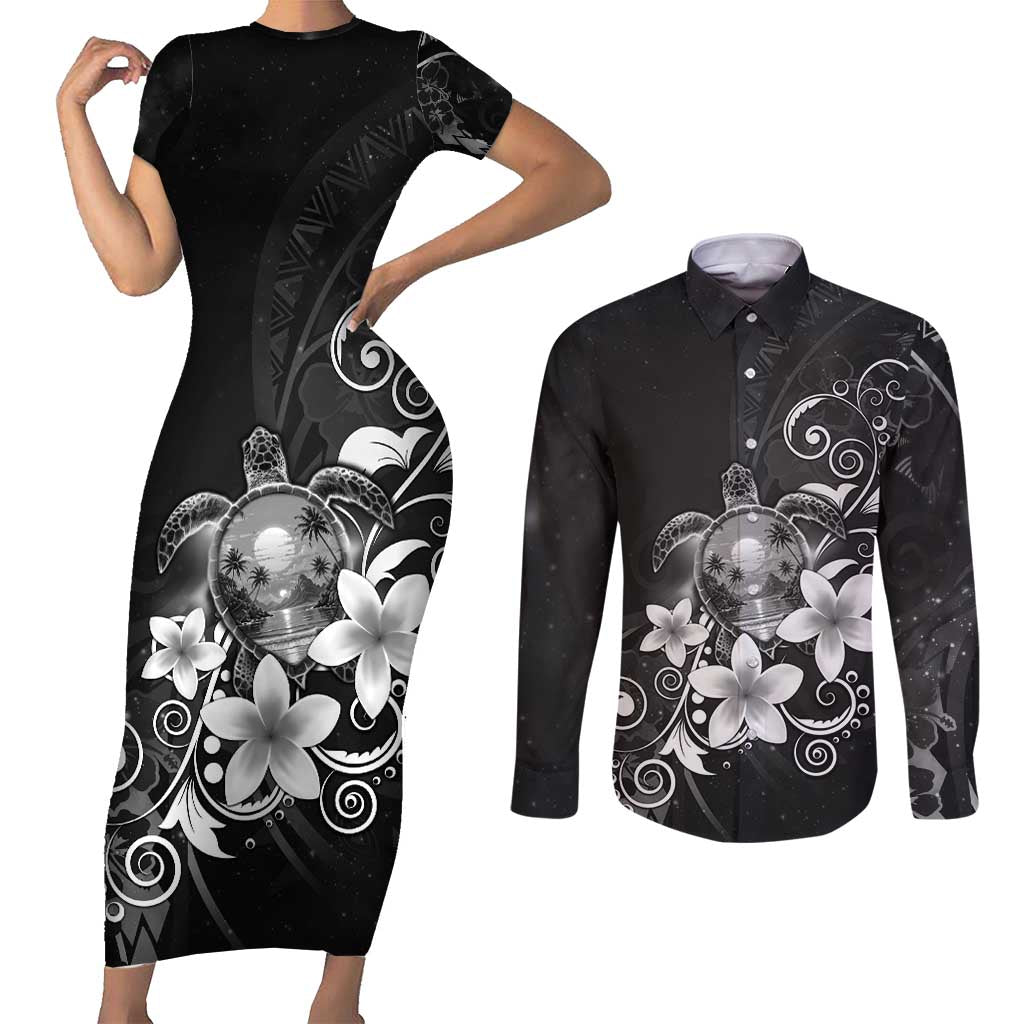 Hawaii Honu Couples Matching Short Sleeve Bodycon Dress and Long Sleeve Button Shirt Polynesian Curves Plumeria Grayscale - Polynesian Pride