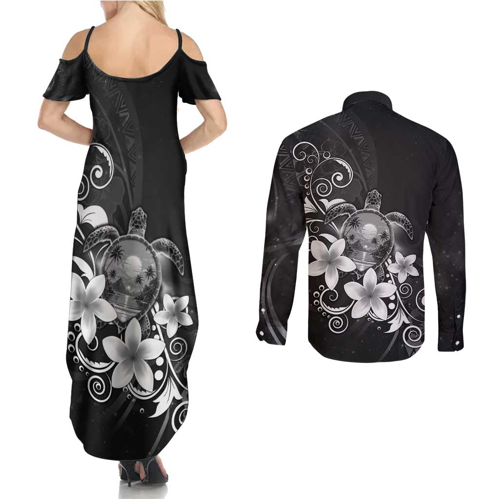 Hawaii Honu Couples Matching Summer Maxi Dress and Long Sleeve Button Shirt Polynesian Curves Plumeria Grayscale - Polynesian Pride
