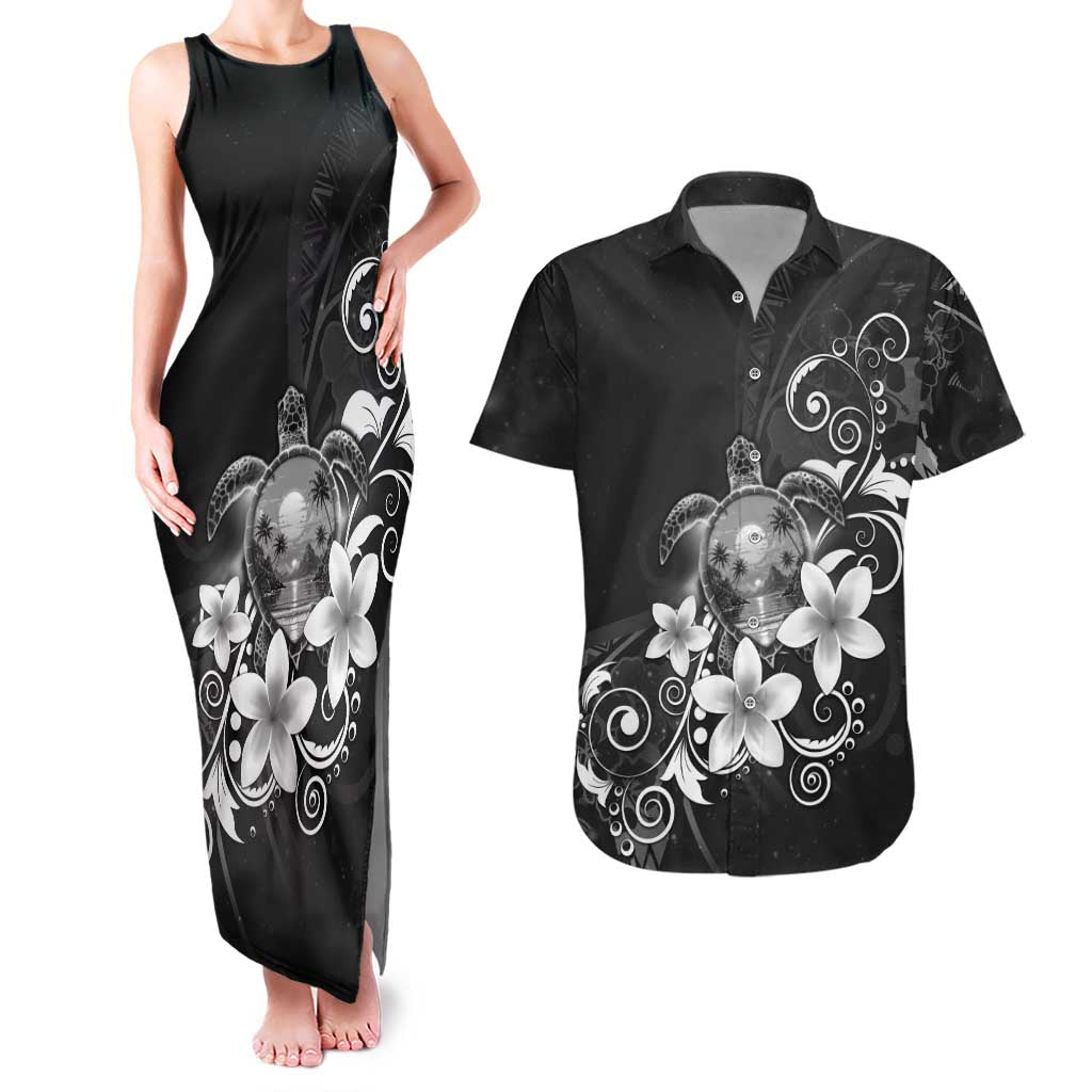 Hawaii Honu Couples Matching Tank Maxi Dress and Hawaiian Shirt Polynesian Curves Plumeria Grayscale - Polynesian Pride