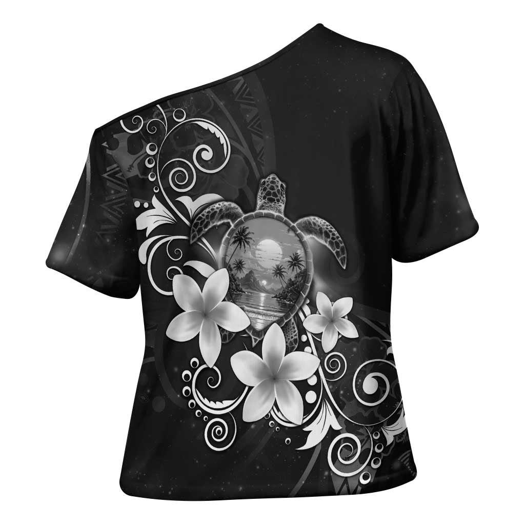 Hawaii Honu Cross Shoulder Shirt Polynesian Curves Plumeria Grayscale - Polynesian Pride