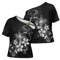 Hawaii Honu Cross Shoulder Shirt Polynesian Curves Plumeria Grayscale - Polynesian Pride