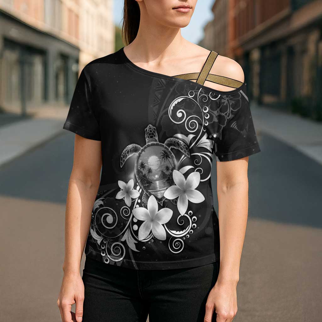 Hawaii Honu Cross Shoulder Shirt Polynesian Curves Plumeria Grayscale - Polynesian Pride