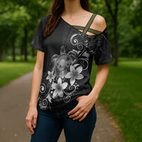 Hawaii Honu Cross Shoulder Shirt Polynesian Curves Plumeria Grayscale - Polynesian Pride