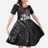 Hawaii Honu Family Matching Off The Shoulder Long Sleeve Dress and Hawaiian Shirt Polynesian Curves Plumeria Grayscale - Polynesian Pride