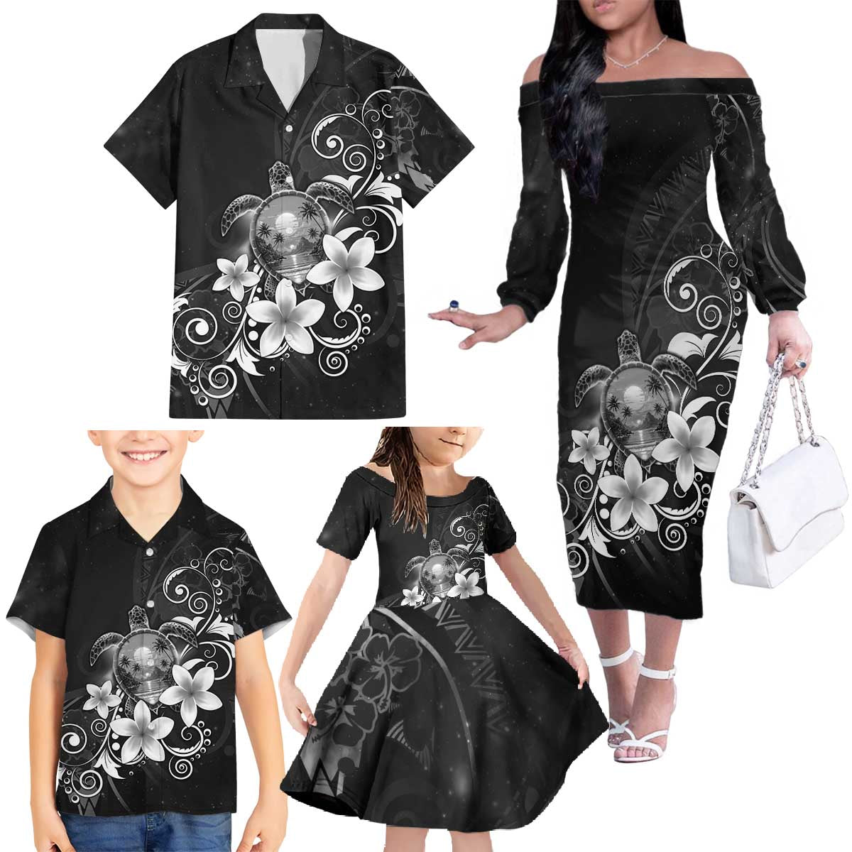 Hawaii Honu Family Matching Off The Shoulder Long Sleeve Dress and Hawaiian Shirt Polynesian Curves Plumeria Grayscale - Polynesian Pride