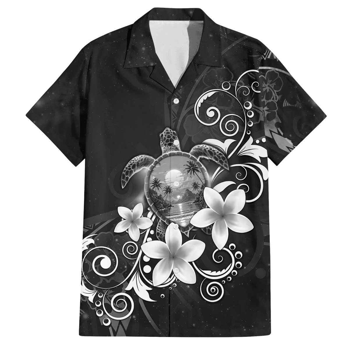 Hawaii Honu Family Matching Off The Shoulder Long Sleeve Dress and Hawaiian Shirt Polynesian Curves Plumeria Grayscale - Polynesian Pride
