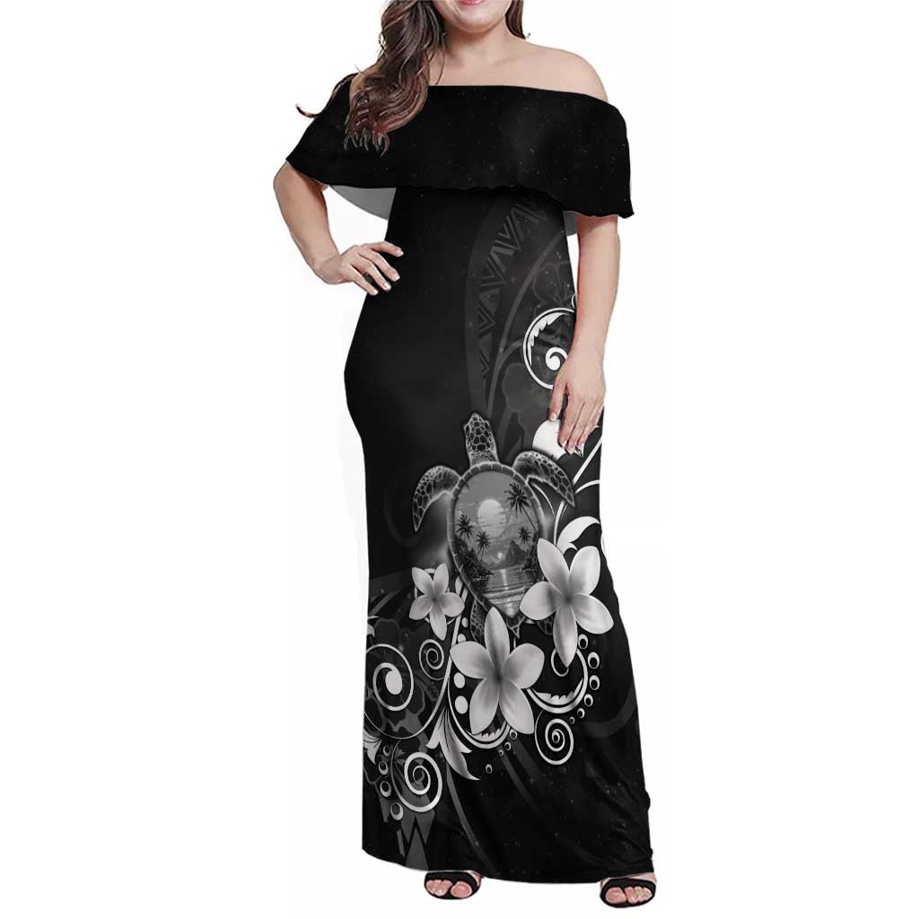 Hawaii Honu Family Matching Off Shoulder Maxi Dress and Hawaiian Shirt Polynesian Curves Plumeria Grayscale - Polynesian Pride