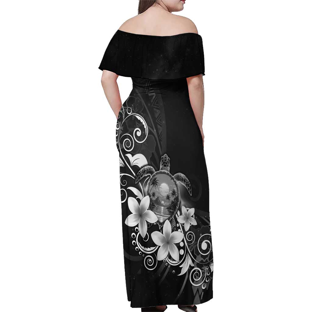 Hawaii Honu Family Matching Off Shoulder Maxi Dress and Hawaiian Shirt Polynesian Curves Plumeria Grayscale - Polynesian Pride
