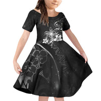 Hawaii Honu Family Matching Off Shoulder Short Dress and Hawaiian Shirt Polynesian Curves Plumeria Grayscale - Polynesian Pride