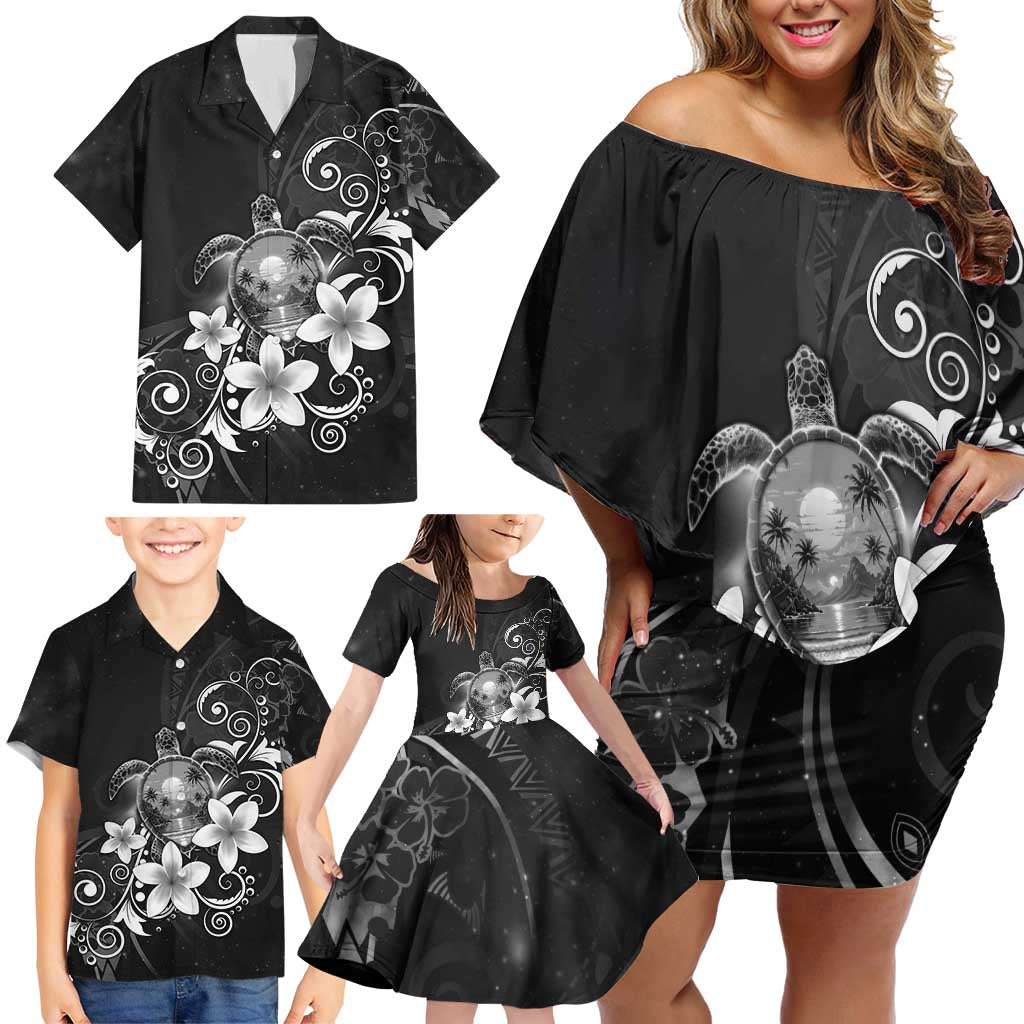 Hawaii Honu Family Matching Off Shoulder Short Dress and Hawaiian Shirt Polynesian Curves Plumeria Grayscale - Polynesian Pride