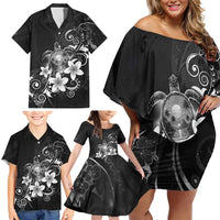 Hawaii Honu Family Matching Off Shoulder Short Dress and Hawaiian Shirt Polynesian Curves Plumeria Grayscale - Polynesian Pride