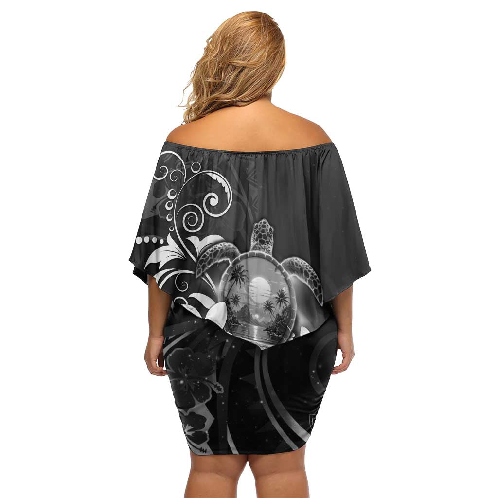 Hawaii Honu Family Matching Off Shoulder Short Dress and Hawaiian Shirt Polynesian Curves Plumeria Grayscale - Polynesian Pride