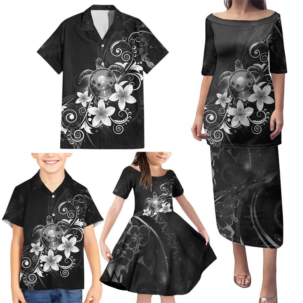 Hawaii Honu Family Matching Puletasi and Hawaiian Shirt Polynesian Curves Plumeria Grayscale - Polynesian Pride