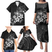 Hawaii Honu Family Matching Puletasi and Hawaiian Shirt Polynesian Curves Plumeria Grayscale - Polynesian Pride