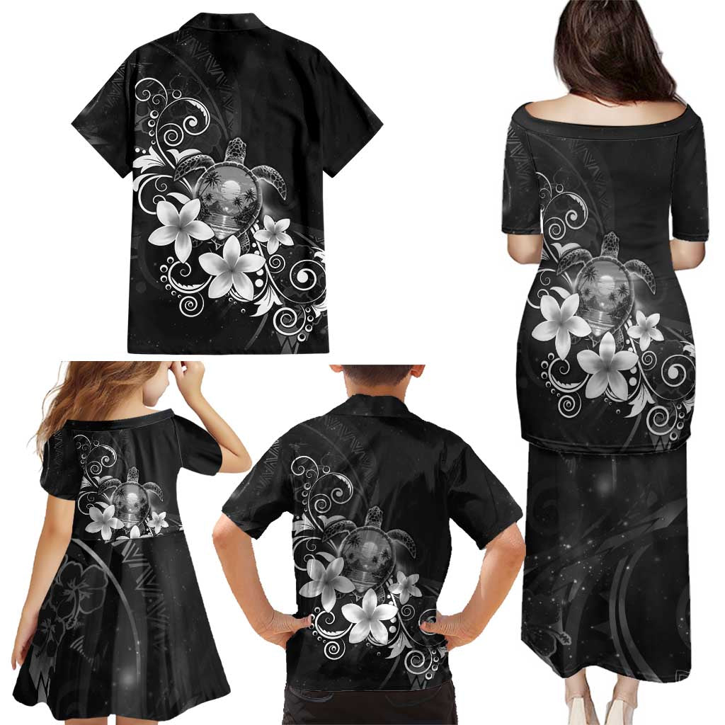 Hawaii Honu Family Matching Puletasi and Hawaiian Shirt Polynesian Curves Plumeria Grayscale - Polynesian Pride