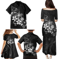 Hawaii Honu Family Matching Puletasi and Hawaiian Shirt Polynesian Curves Plumeria Grayscale - Polynesian Pride