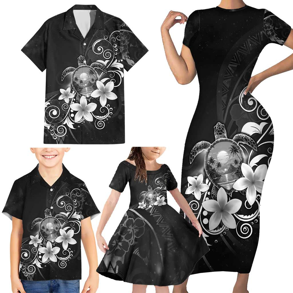Hawaii Honu Family Matching Short Sleeve Bodycon Dress and Hawaiian Shirt Polynesian Curves Plumeria Grayscale - Polynesian Pride