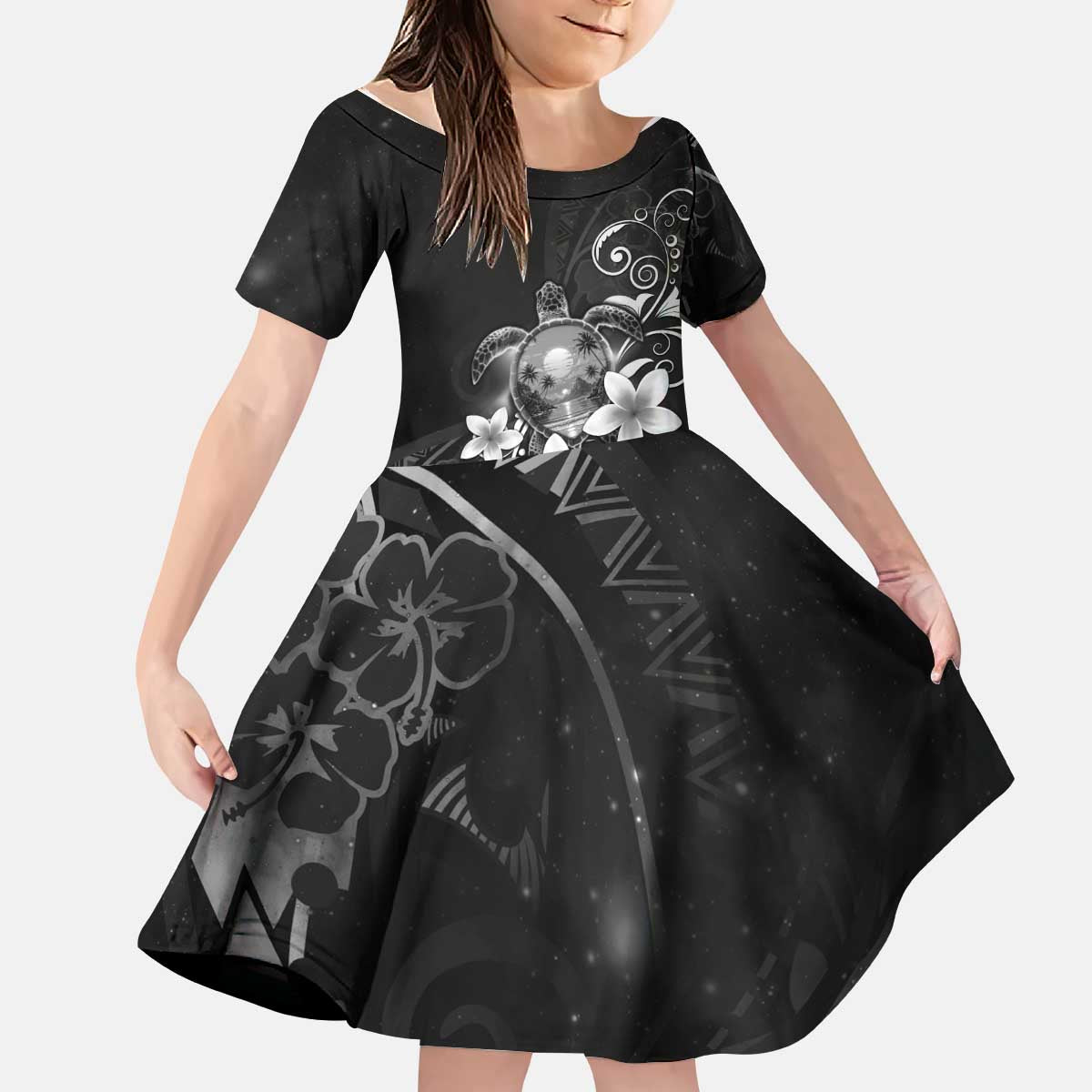 Hawaii Honu Kid Short Sleeve Dress Polynesian Curves Plumeria Grayscale - Polynesian Pride