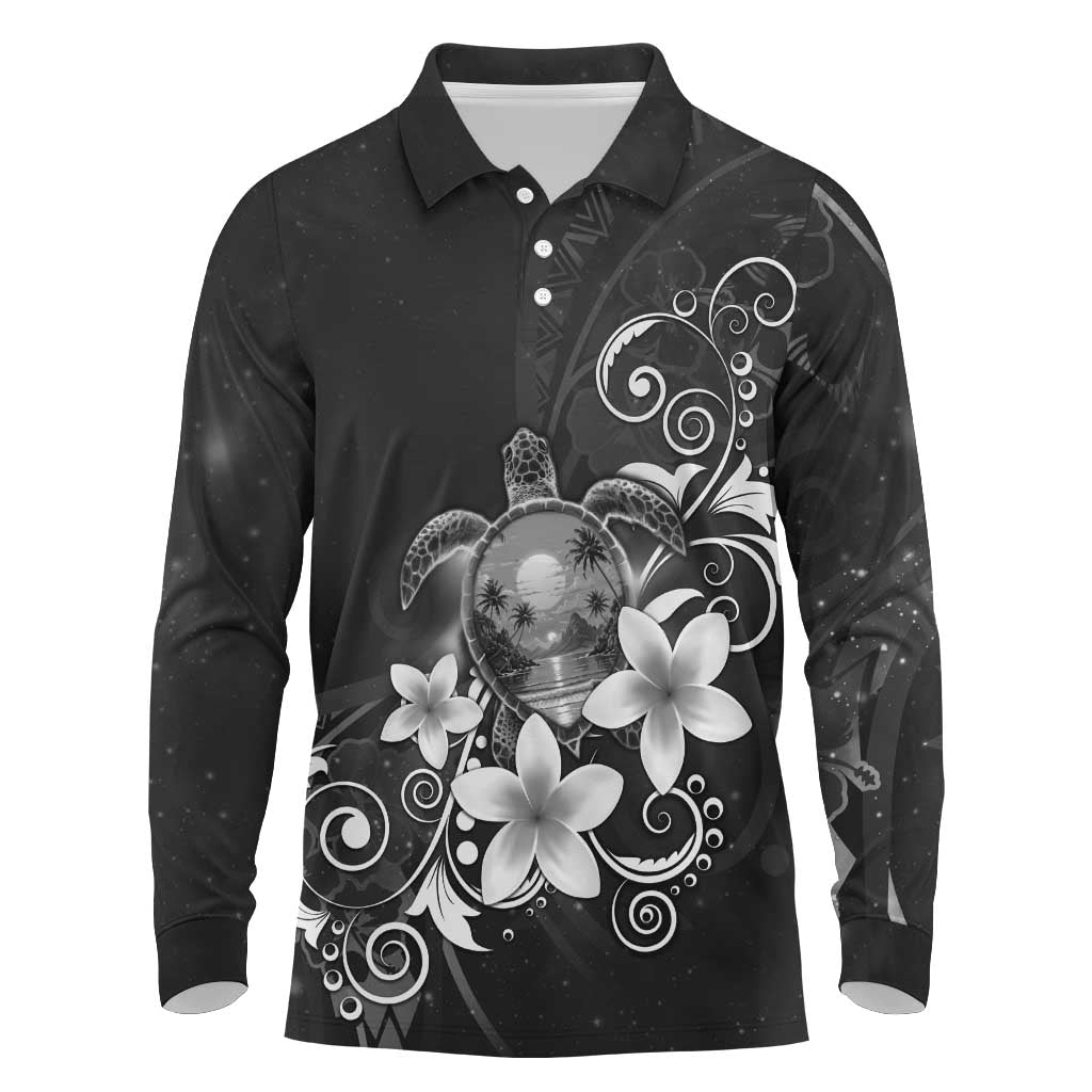 Hawaii Honu Long Sleeve Polo Shirt Polynesian Curves Plumeria Grayscale - Polynesian Pride