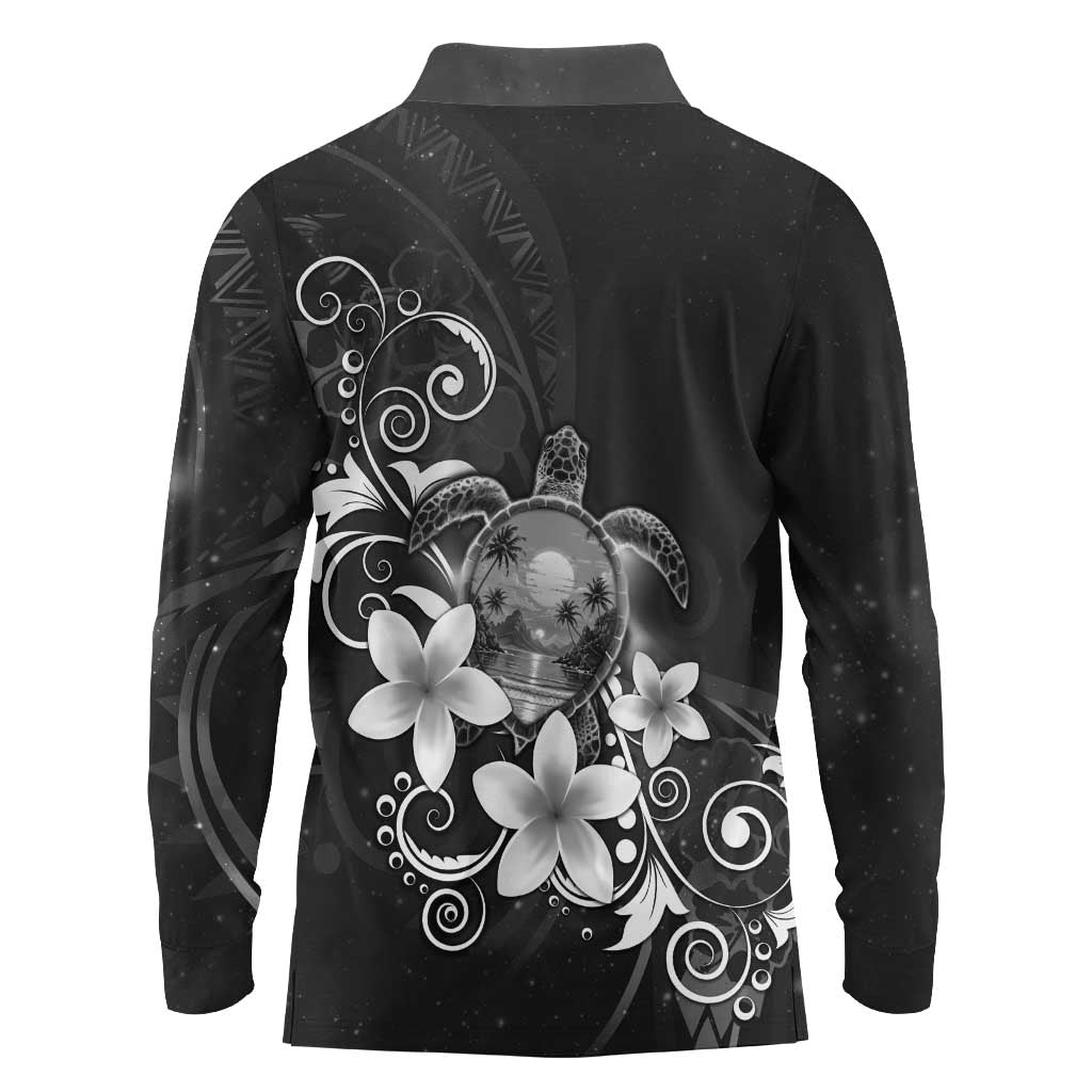 Hawaii Honu Long Sleeve Polo Shirt Polynesian Curves Plumeria Grayscale - Polynesian Pride
