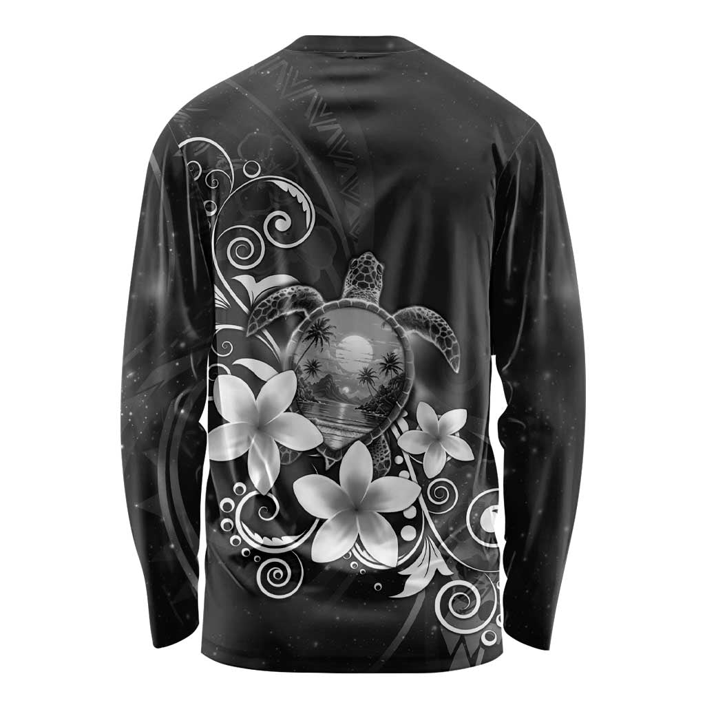 Hawaii Honu Long Sleeve Shirt Polynesian Curves Plumeria Grayscale - Polynesian Pride